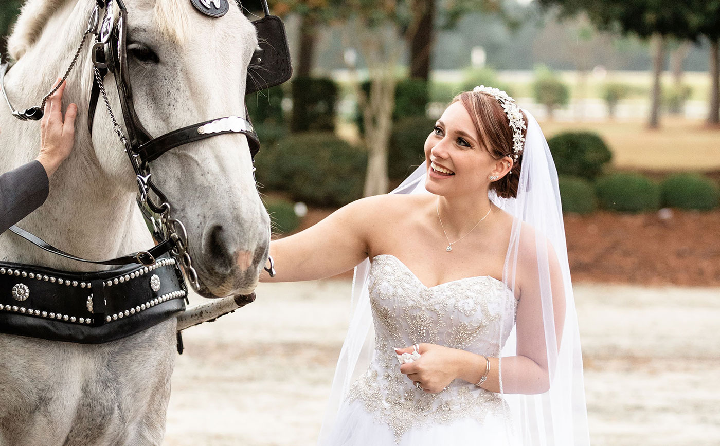 Beautiful Photo of Bride in Duplin Winery's Vineyards with Horse