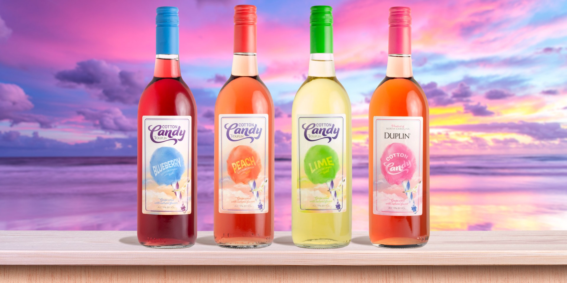 Duplin Cotton Candy wine flavors are Blueberry, Peach, Lime and Original 